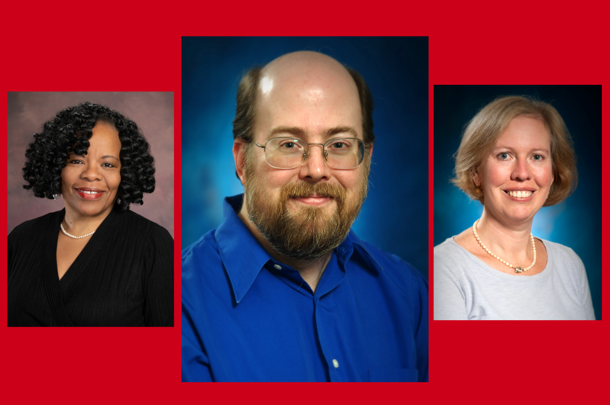 Larger portrait of main in blue shirt flanked by portrait of woman in black sweater and portrait of woman in blue sweater